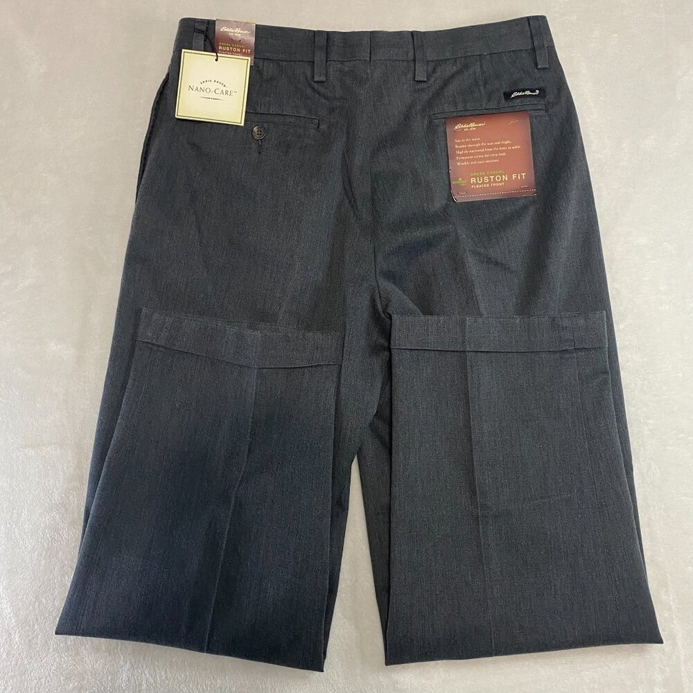 NWT EDDIE BAUER Nano Care Dress Casual Pleated Ruston Fit Pants Charcoal 34 x 30